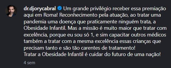 Publicação do Dr. Djory sobre a premiação recebida em Roma